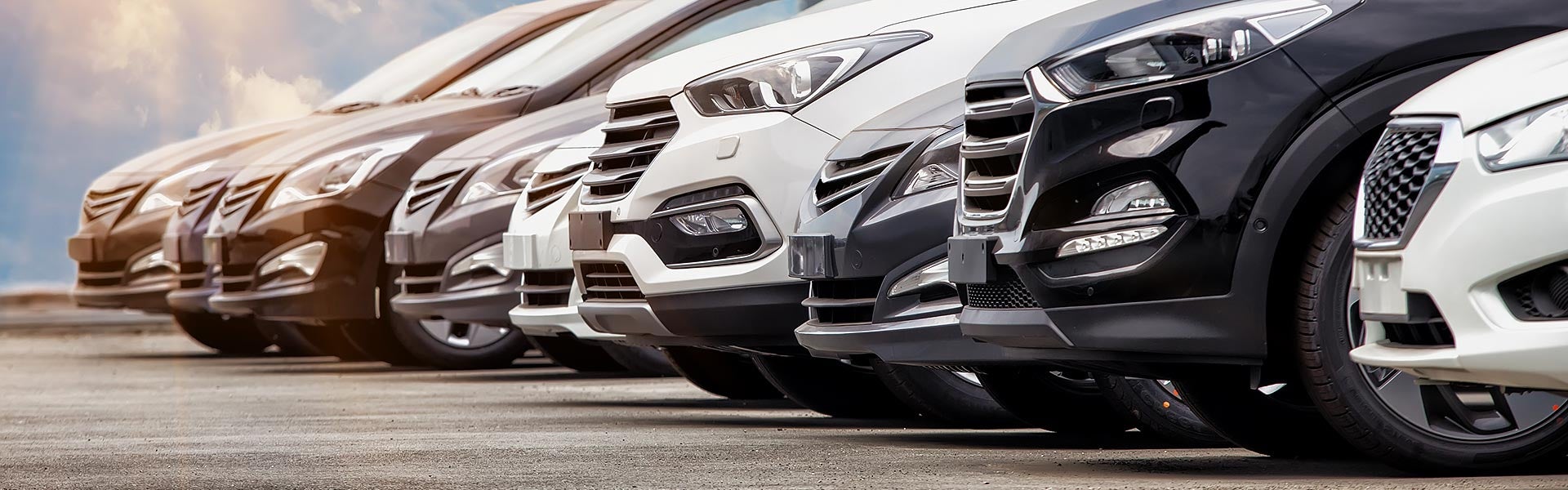 Row of vehicles parked on a dealership lot.